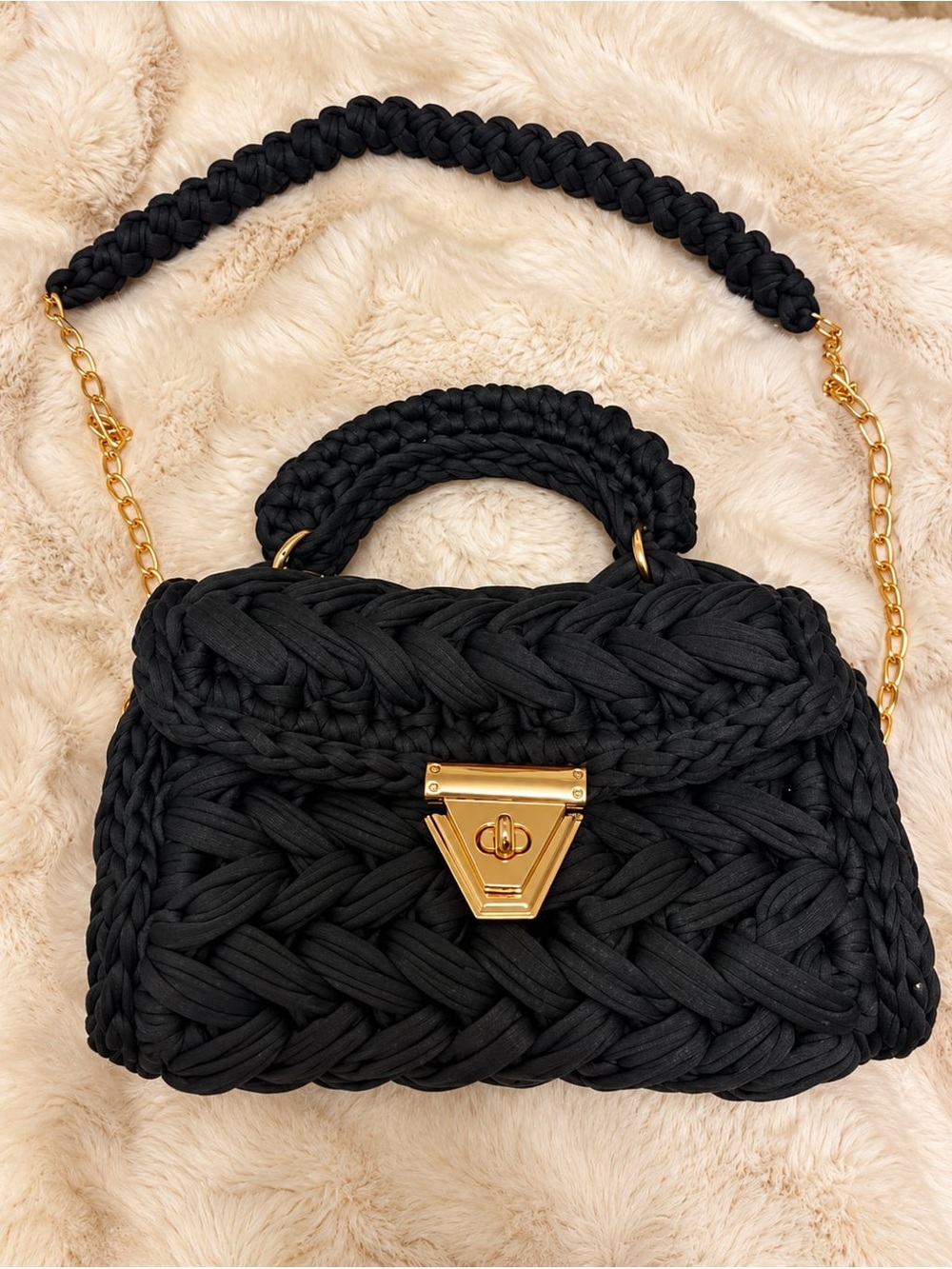 Black Woven Knit Top-Handle Bag with Gold Hardware